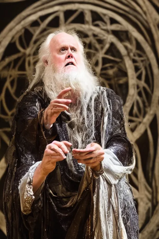 Prompt: a photograph of John Lithgow as Prospero from the stage production of The Tempest taken with Nikon D3500, highly detailed