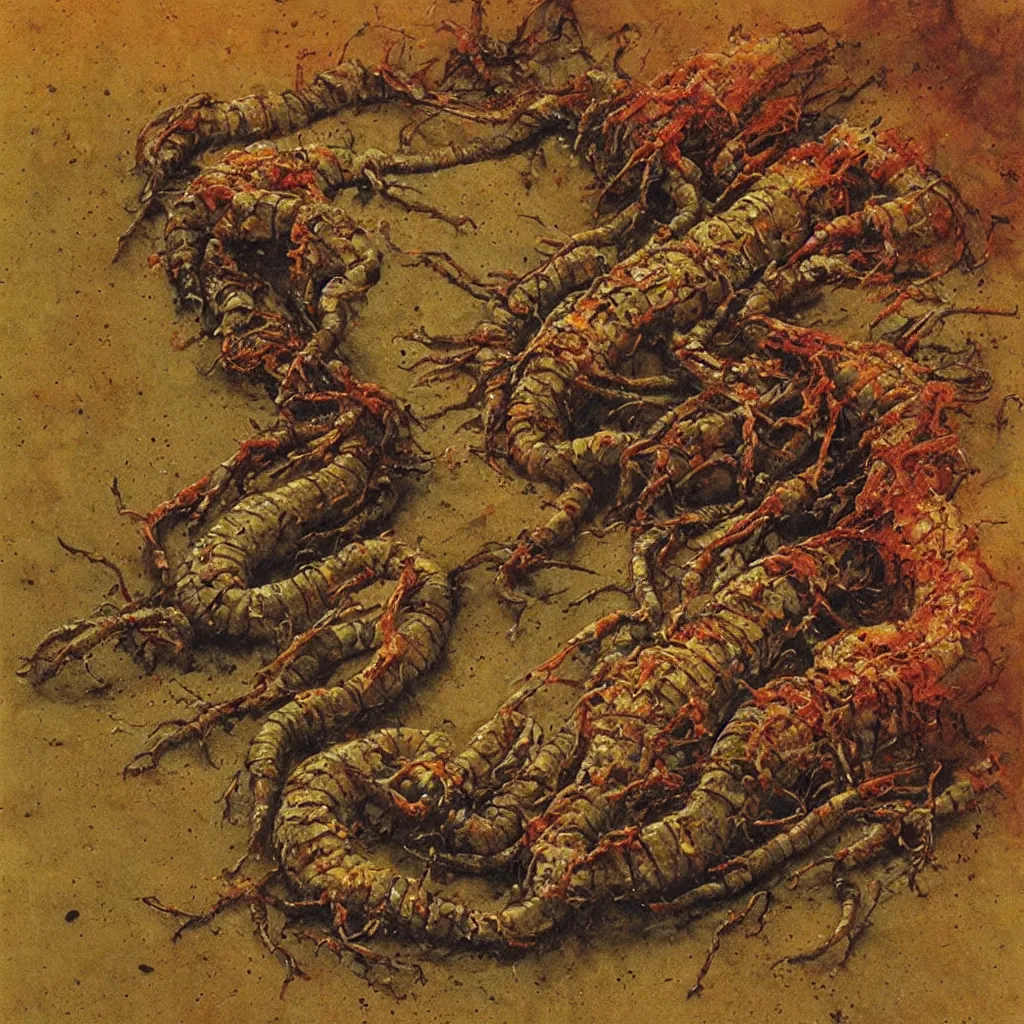 Image similar to rotten food, centipede, beksinski