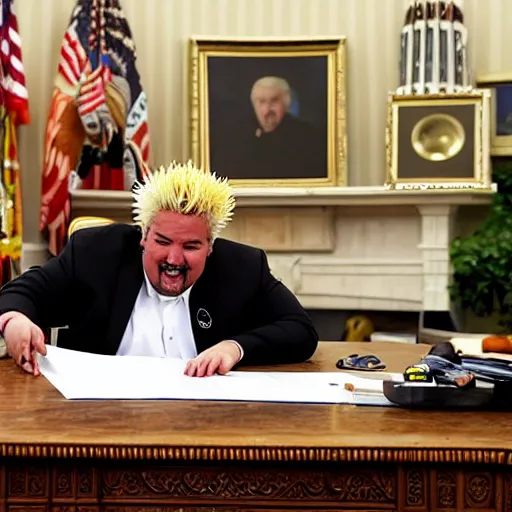 Prompt: President Guy Fieri at his desk in the Oval Office, news camera footage