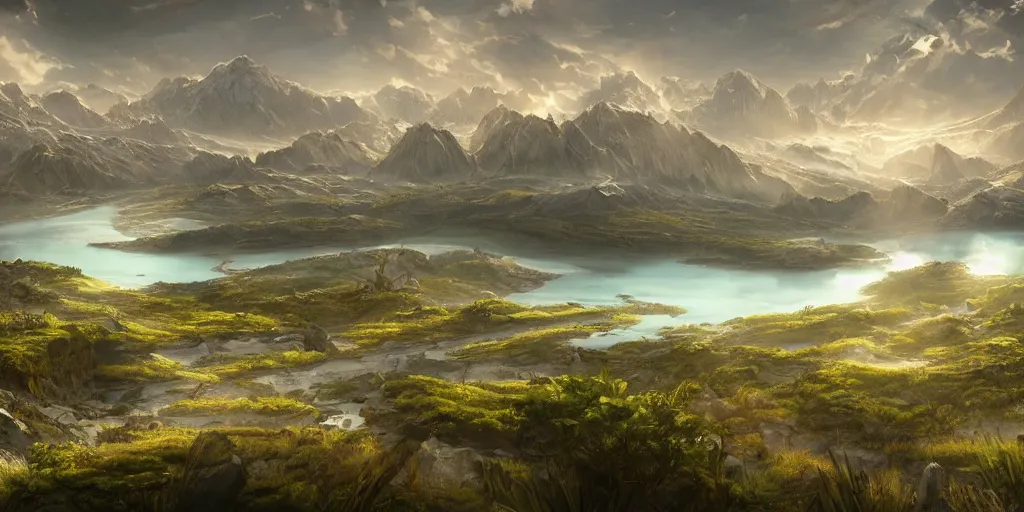 Prompt: fantasy world, in the middle is a huge lake with a little plain around it, behind it are mountains and rivers, intricate, elegant, sharp focus, illustration, highly detailed, concept art, matte, trending on artstation, anime, beautiful sunlight and shadows