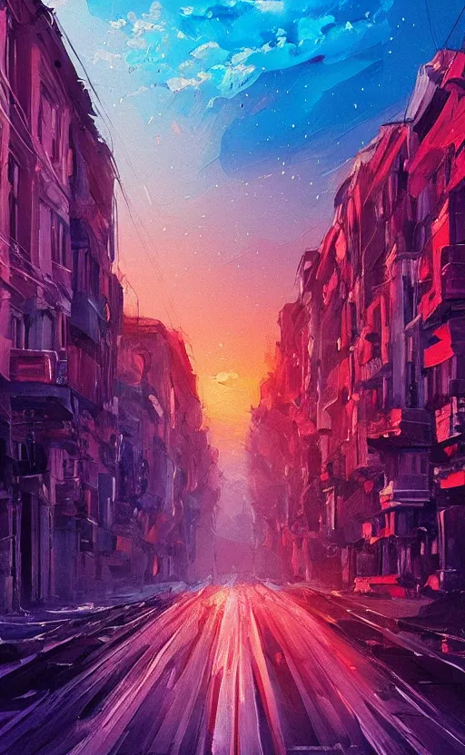 Image similar to a beautiful illustration of sofia bulgaria at sunset, art of alena aenami, featured on artstation, vertical orientation, paint brush strokes, expressionism, brushstroke - laden, breathtaking clouds, traffic lights, wet concrete, beauttiful stars, cables, long exposure, gigantic sun, airy theme, red purple gradient, lens flare