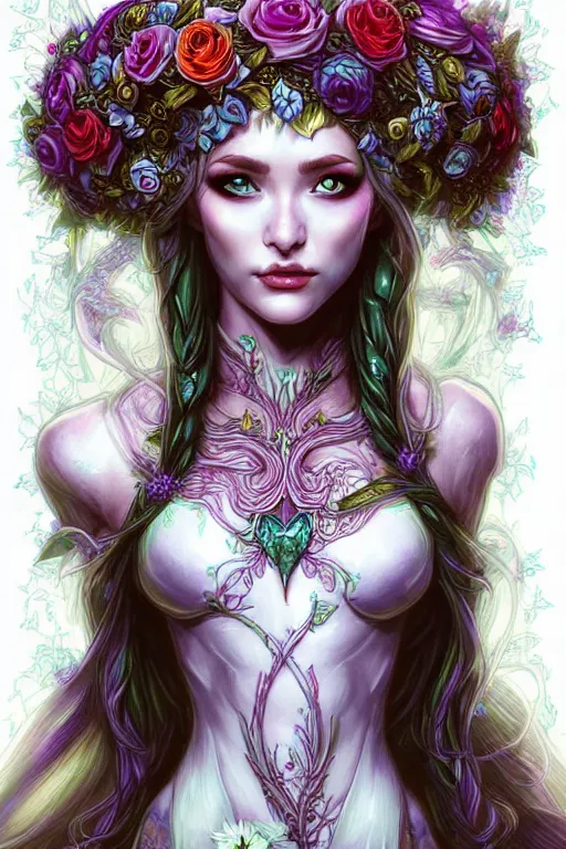 Image similar to digital art, centered full body elven bride, vivid flower crown ,intricate, veins, by James Jean and by artgerm , ultradetailed, charachter design, concept art, trending on artstation,