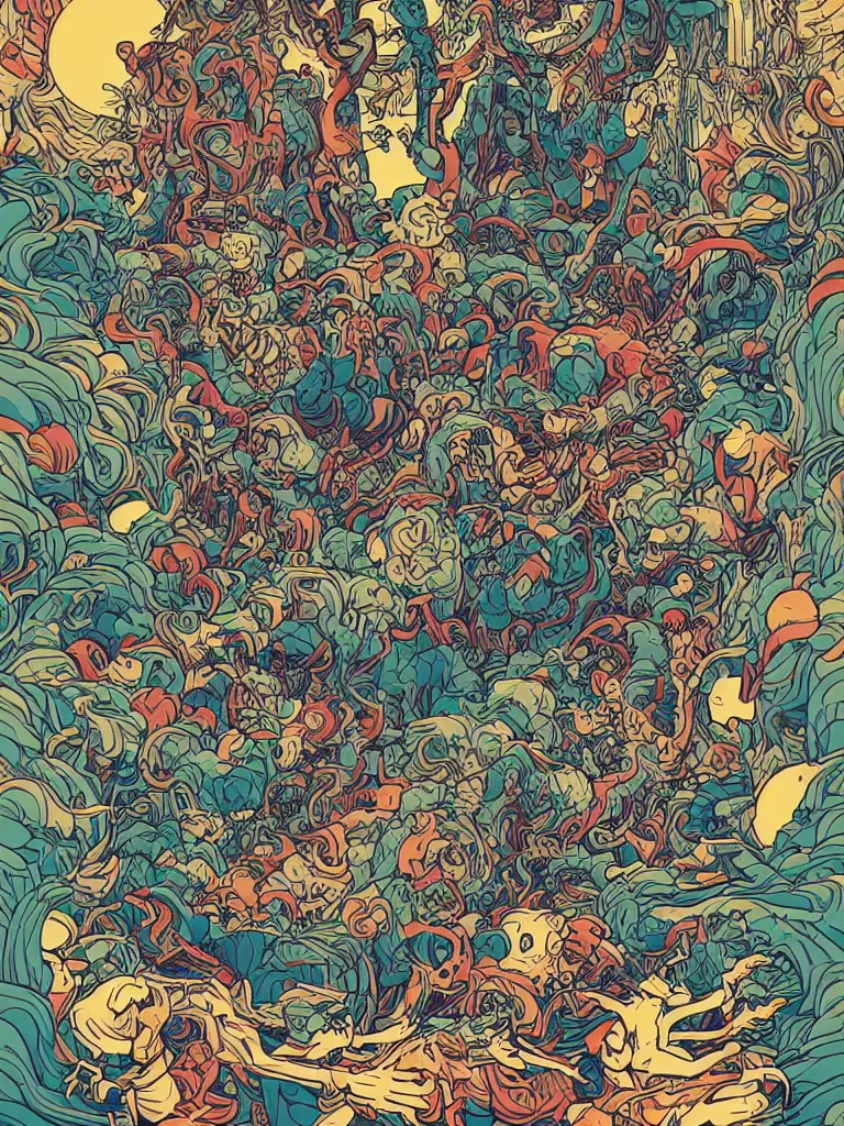 Image similar to line vector art of a weird dream by James Jean and Dan Mumford and Strongstufftom and Adi Granov
