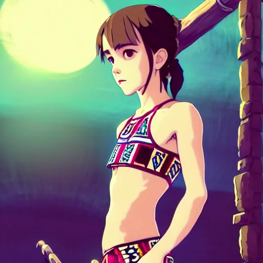 Image similar to a beautiful boyish emma watson alluring instagram model, wearing japanese hiphop aztec leotard outfit with mayan pattern and native style, aztec street fashion bathing suit, botw style, gapmoe yandere grimdark, trending on pixiv fanbox, painted by greg rutkowski makoto shinkai takashi takeuchi studio ghibli, akihiko yoshida