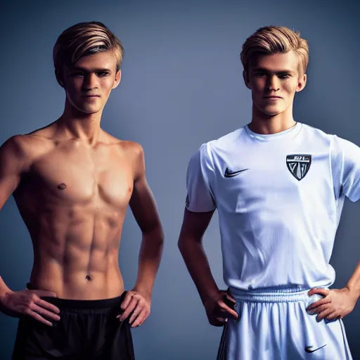 Image similar to a realistic detailed photo of a guy who is an attractive humanoid who is half robot and half humanoid, who is a male android, soccer player martin ødegaard, shiny skin, posing like a statue, blank stare, in a living room, on display, showing off his muscles, with a twin