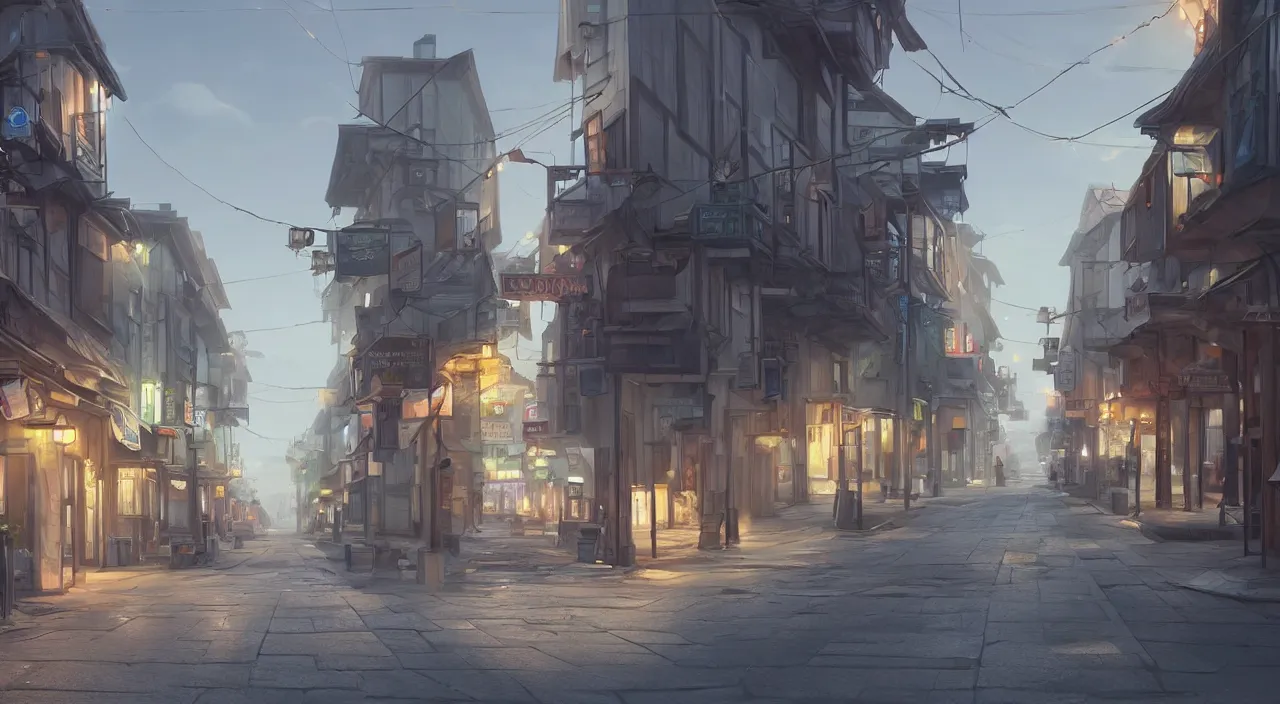 Prompt: a digital painting of a street in a small town, a screenshot by makoto shinkai, trending on cgsociety, photorealism, rendered in unreal engine, concept art, official art