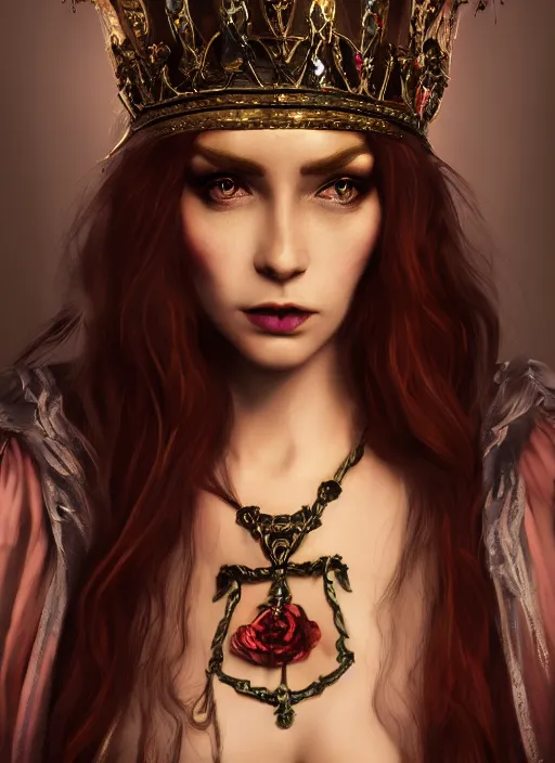 Image similar to mysterious beautiful Victorian vampire princess with long hair and a jeweled crown, fantasy, medieval, vivid colors, fantasy, elegant, concept art, sharp focus, beautiful face!!, digital art, Hyper-realistic, 4K, Unreal Engine, Highly Detailed, HD, Dramatic Lighting by Brom, trending on Artstation