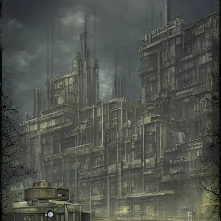 Image similar to a building in a serene landscape, dieselpunk