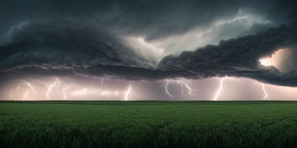 Image similar to a supercell storm dark and brooding far away in the distance, open farming fields the foreground during sunset, storm of all storms, end of the world, nature, cinematic, hyperrealistic, evil, dark, cgsociety, 8 k, by stephen king