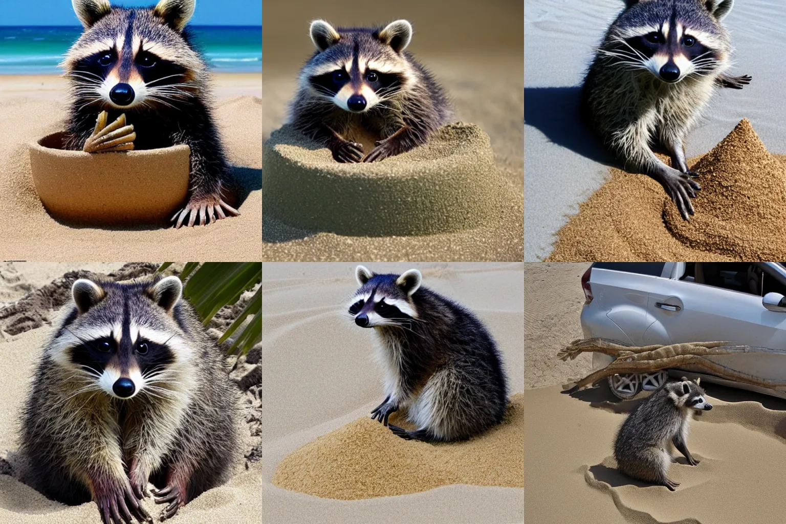 Prompt: raccoon sitting in a car made out of sand on the beach