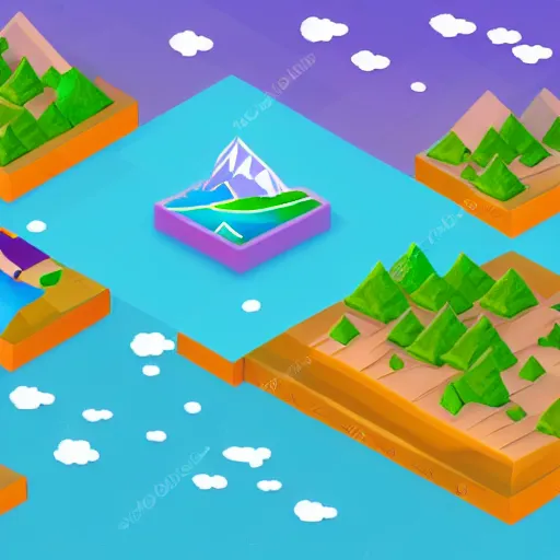 Image similar to an isometric colorful videogame world, epic mountains, azure ocean in the background, blocks