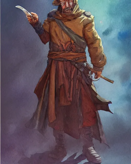 Prompt: a oil / watercolor painting full body character portrait of a bandit / sorcerer in the style of moebius in the style of leonard boyarsky trending on artstation deviantart pinterest detailed photorealistic highlights and shadow hd 8 k post - processing high resolution