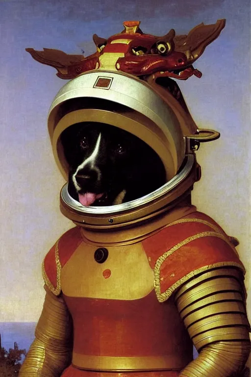 Image similar to portrait of a dog astronaut with chinese dragon armor and helmet, majestic, solemn, by bouguereau