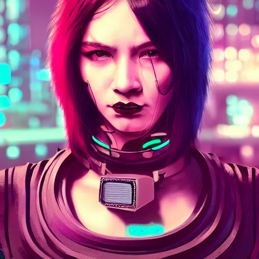 Image similar to headshot of cyberpunk punk woman wearing thick steel choker around neck, 4K, detailed face, collar on neck, realistic, artstation, neon,