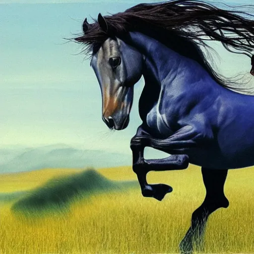 Image similar to A beautiful illustration of a horse. The horse is shown running through a field with a flowing mane and tail. The background is a peaceful blue sky. heliotrope by Mark Arian, by Herbert List