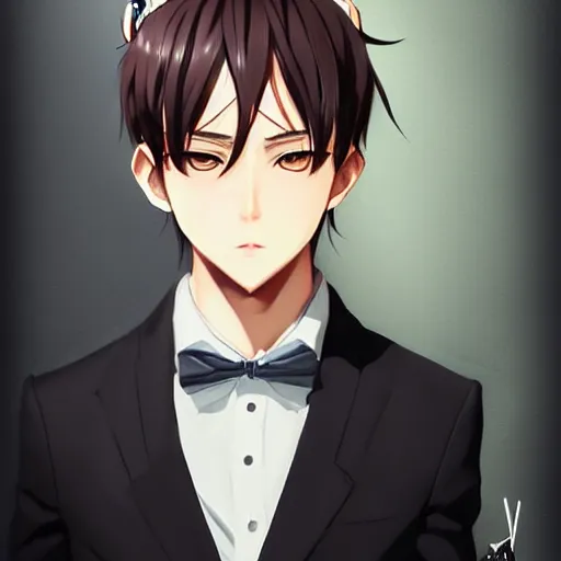 Image similar to A realistic anime portrait of a handsome young man with cat ears wearing a suit, digital painting, by WLOP and Rossdraws, digtial painting, trending on ArtStation, deviantart