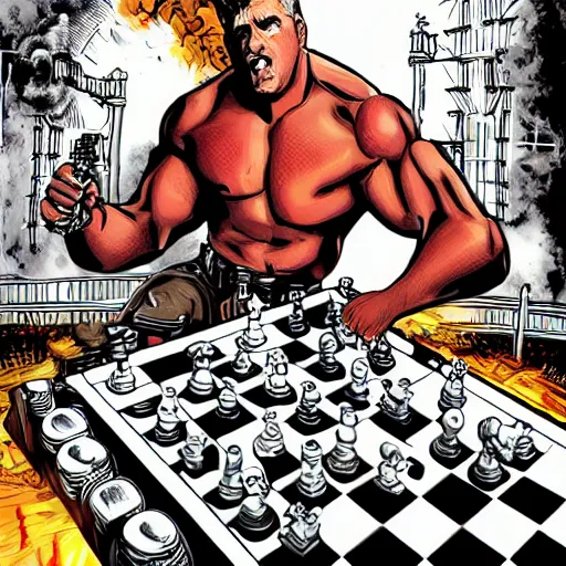 Image similar to Duke Nukem playing chess, Duke Nukem art style, explosive background