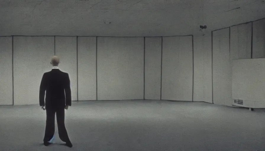 Image similar to 70s movie still of a man with superthin head in an empty soviet ballroom, eastmancolor, heavy grain, high quality, higly detailed, liminal space