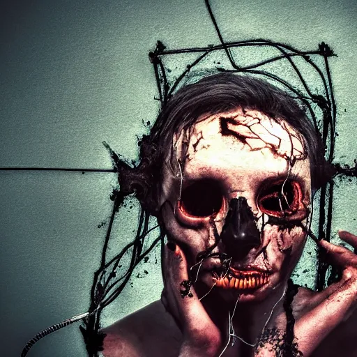 Image similar to a dark occult ritual of wires broken skulls skin and decay, moody, hyper realism, 8 k photo, atmospheric