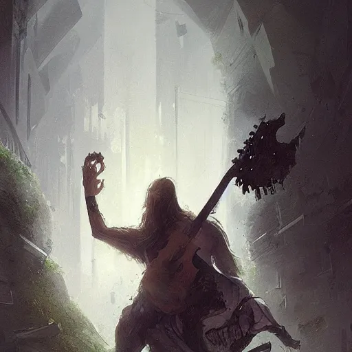 Image similar to v - form guitar in hand of man by greg rutkowski