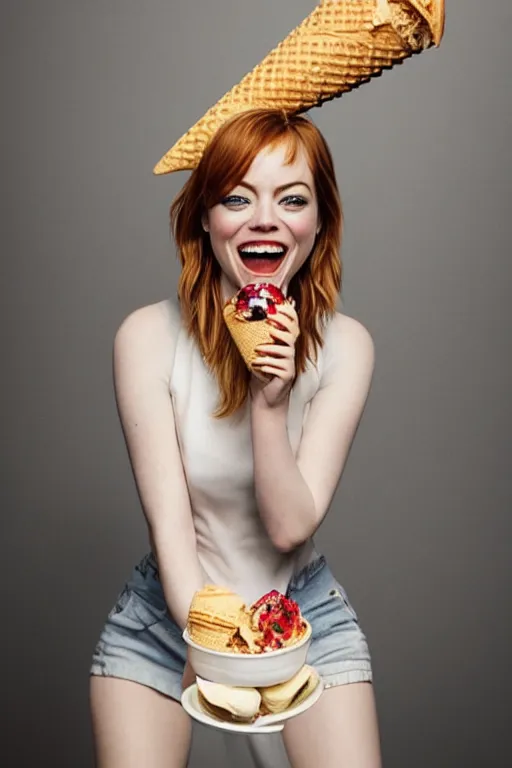 Image similar to 📷 emma stone the ice - cream cone 🍦, made of food, head portrait, dynamic lighting, 4 k