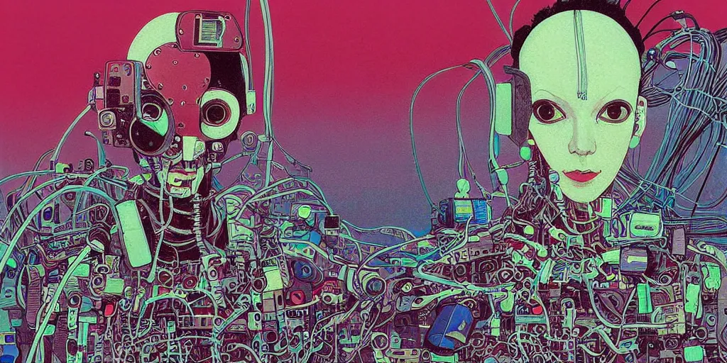 Image similar to risograph grainy drawing vintage sci - fi, antagonist girl, satoshi kon color palette, face covered with robot parts and wires, wearing futuristic scaphander with lot of wires and tentacles, robot parts around and on the background, parking lot, painting by moebius and satoshi kon and dirk dzimirsky close - up portrait