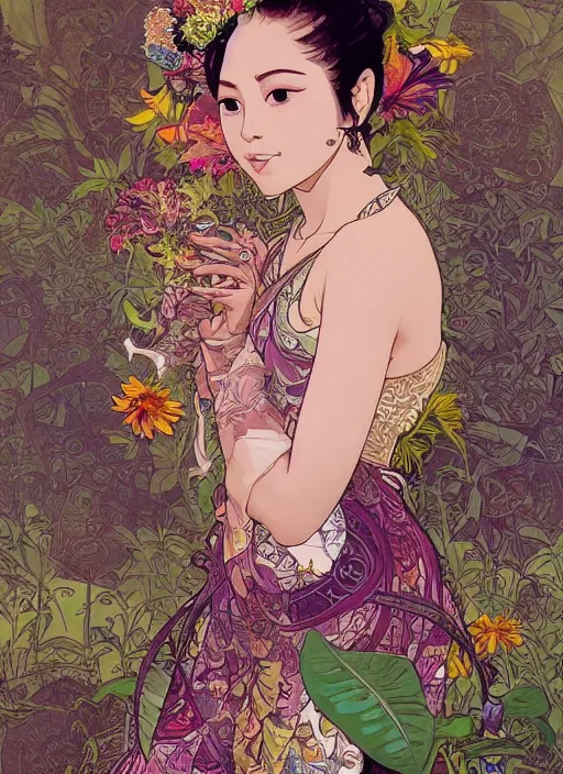 Image similar to !!! very coherent!!! photograph, beautiful floralpunk balinese cyborg portrait girl female photography, detailed patterns art of bali traditional dress, flower pop art, floral splash painting, art by ashley wood, alphonse mucha, makoto shinkai, geof darrow, dark shadow