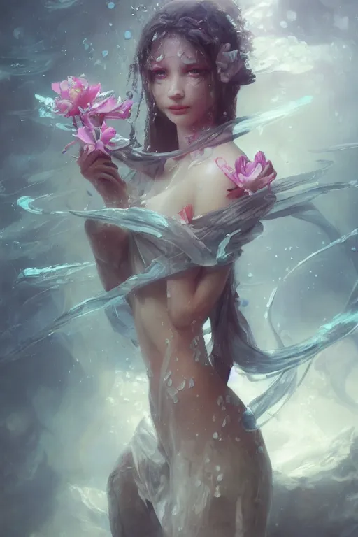 Image similar to face closeup a young beautiful girl drowned in water, 3 d render, hyper realistic detailed portrait, holding magic flowers, ruan jia, wlop. scifi, fantasy, hyper detailed, octane render, concept art, peter mohrbacher