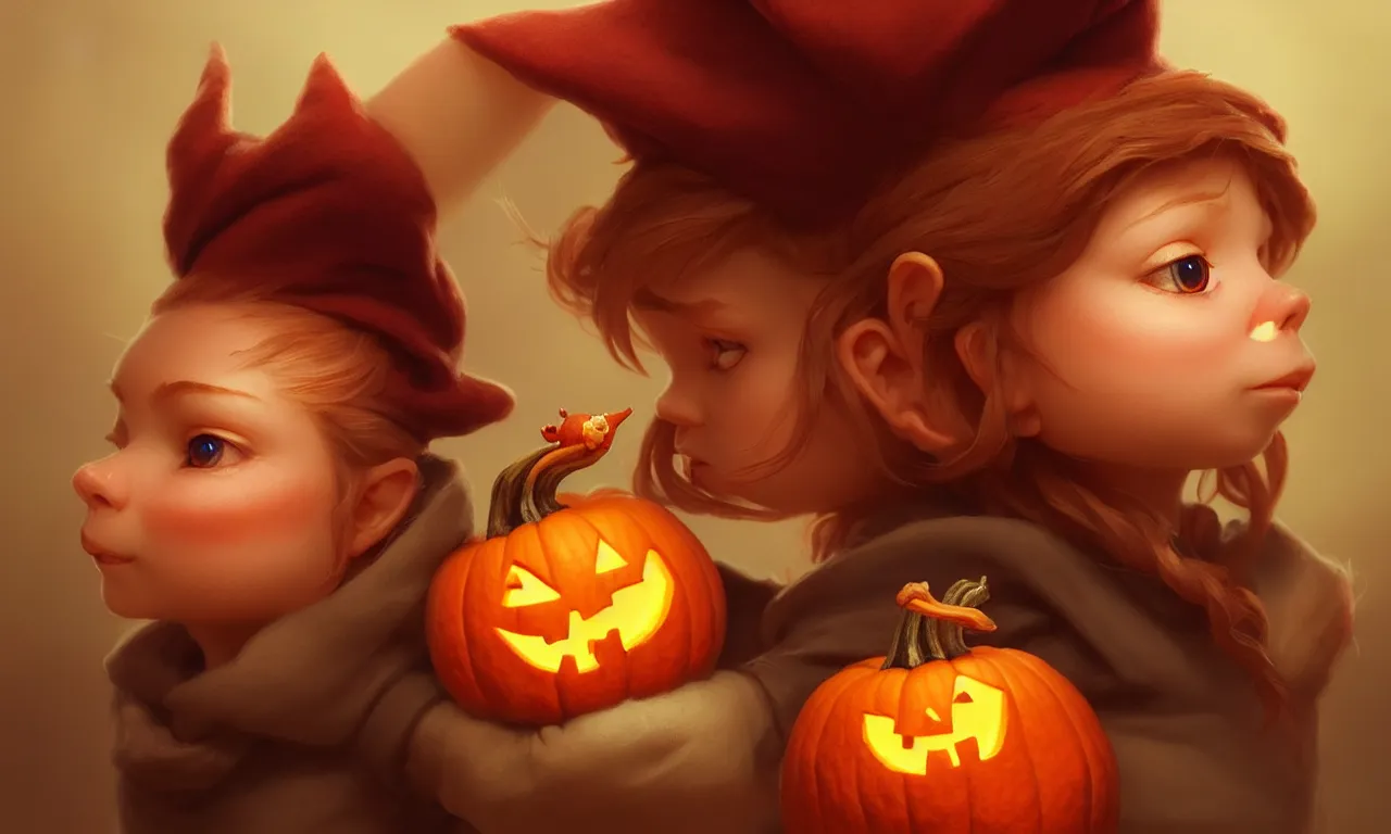 Image similar to hand drawn cute one gnomes face in autumn and pumpkin, detailed closeup face, concept art, low angle, high detail, warm lighting, volumetric, godrays, vivid, beautiful, trending on artstation, art by artgerm and greg rutkowski and alphonse mucha