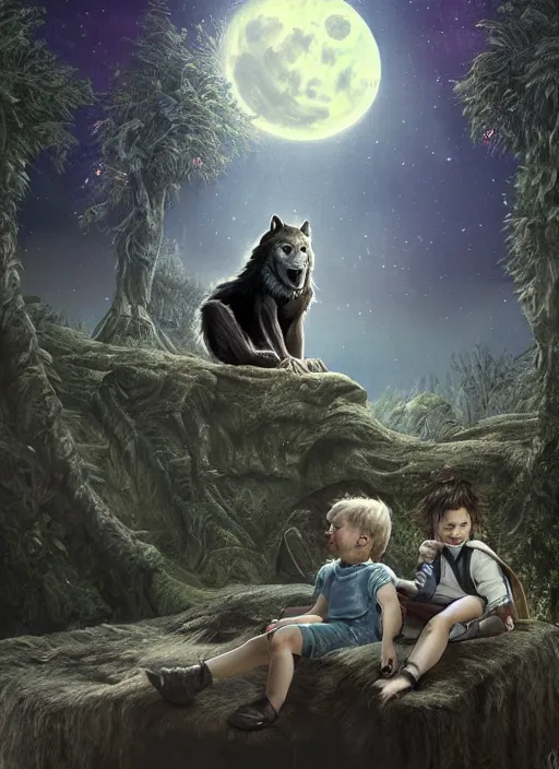 Image similar to a werewolf at night sitting next to a human child, fantasy art, matte painting, highly detailed