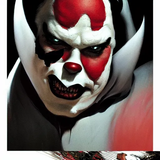 Image similar to 4k headshot portrait of Spawn clown from Macfarlane comics by Craig Mullins, ilya kuvshinov, krenz cushart, epic , artgerm trending on artstation by Edward Hopper and Dan Mumford and WLOP and Rutkovsky, beksinski carl spitzweg moebius and tuomas kocar, intricate artwork by caravaggio, Unreal Engine 5, Lumen, Nanite , 4K headshot of godlike clown with defined arms and open hands and bloody clothes with giant mandala wings , intricate face , flawless anime cel animation by Kentaro Miura, psychedelic , highly detailed upper body , professionally post-processed , beautiful, scary, symmetry accurate features, epic, octane rendered, anime masterpiece, accurate