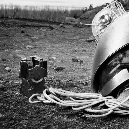 Image similar to wide angle photo of viking wearing space suit helmet and viking armor working on the antigravity gun ancient device, tools and junk on the ground,wires and lights, old village in the distance, vintage old photo, black and white, sepia