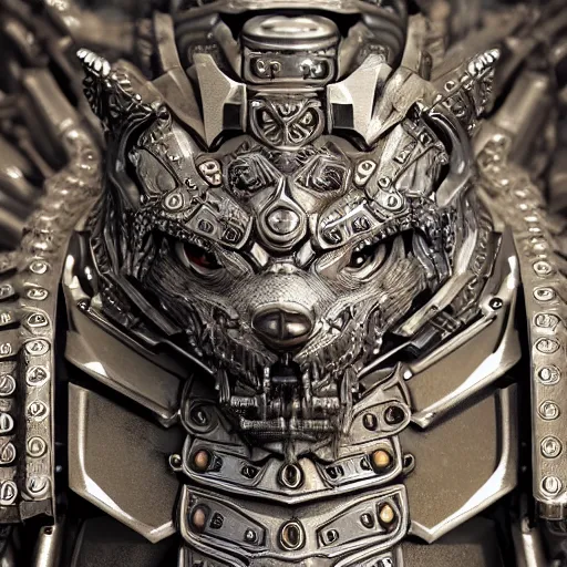 Image similar to A cyberpunk ornate wolf made of engraved full plate armor and gears, Macro shot by Justin Gerard, unreal engine, physically based rendering