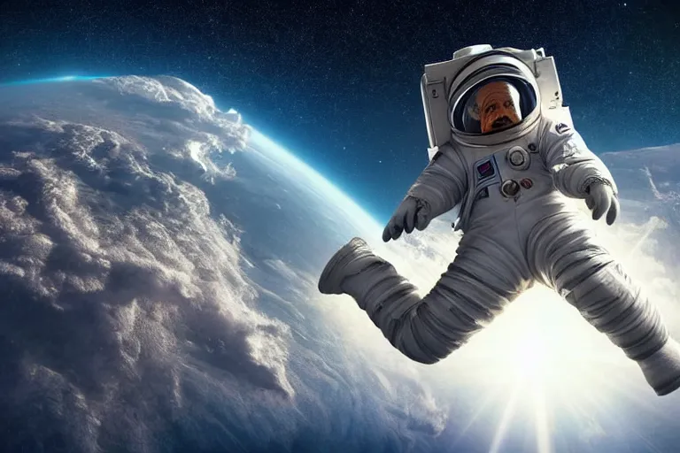 Image similar to still fullbody photo of sad albert einstein in spacesuit in space, flat earth on elephants and turtle at background, highly detailed, photorealistic shot, bright studio setting, studio lighting, crisp quality and light reflections, unreal engine 5 quality render