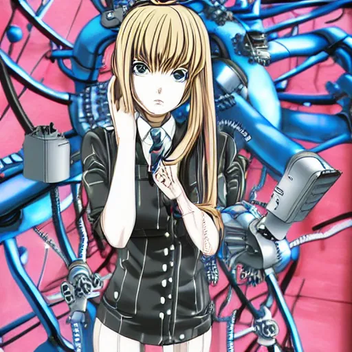 Prompt: cyber school girl, anime by junji ito, vibrant color, robot anime girl, exposed wiring and gears, intricate detailed