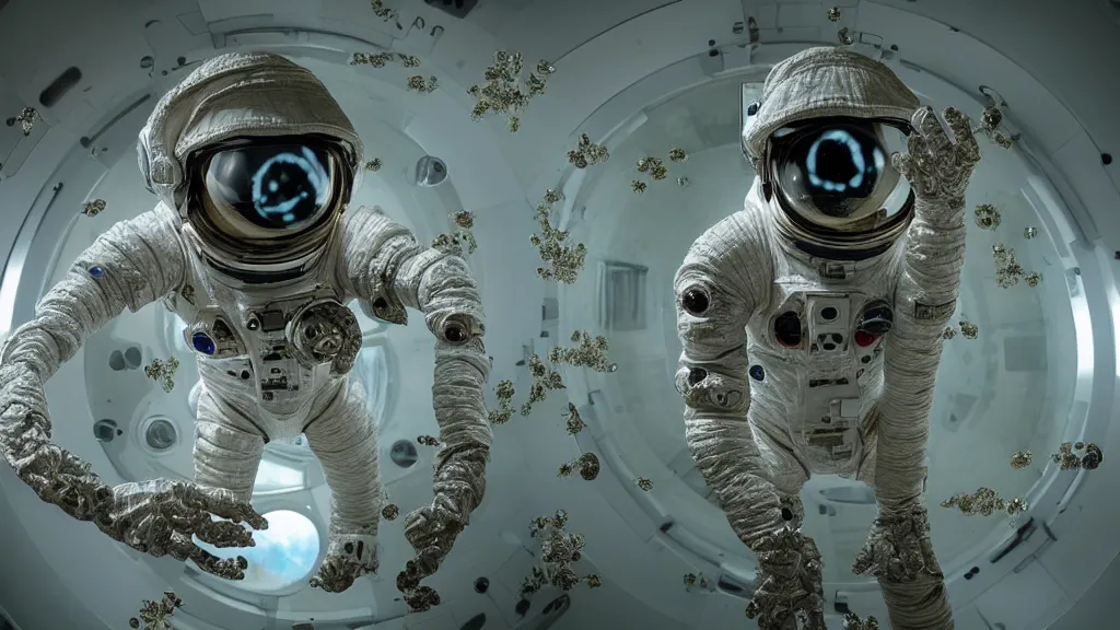 Image similar to a cybernetic symbiosis of a single astronaut eva suit with diamond 3d fractal lace iridescent bubble 3d skin covered with insectoid compound eye camera lenses floats through the living room, film still from the movie directed by Denis Villeneuve with art direction by Salvador Dalí, wide lens,