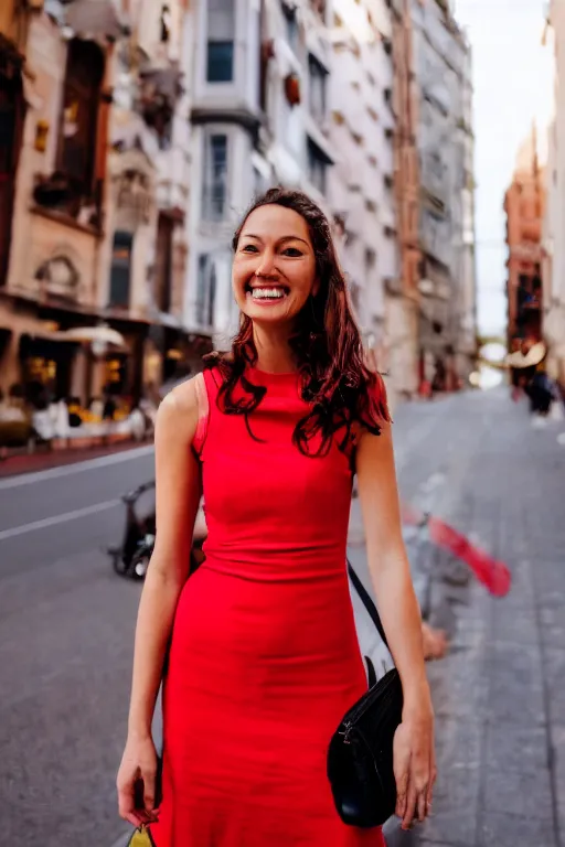 Image similar to blurry photo portrait of a smiling pretty woman in a red sleeveless dress, out of focus, city street scene