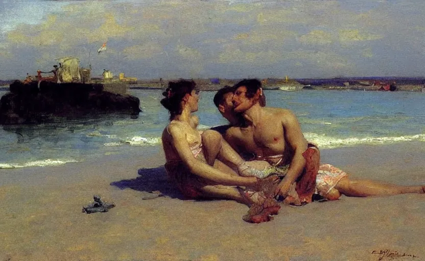 Prompt: high quality high detail painting by ilya repin, a couple sitting on a beach, hd