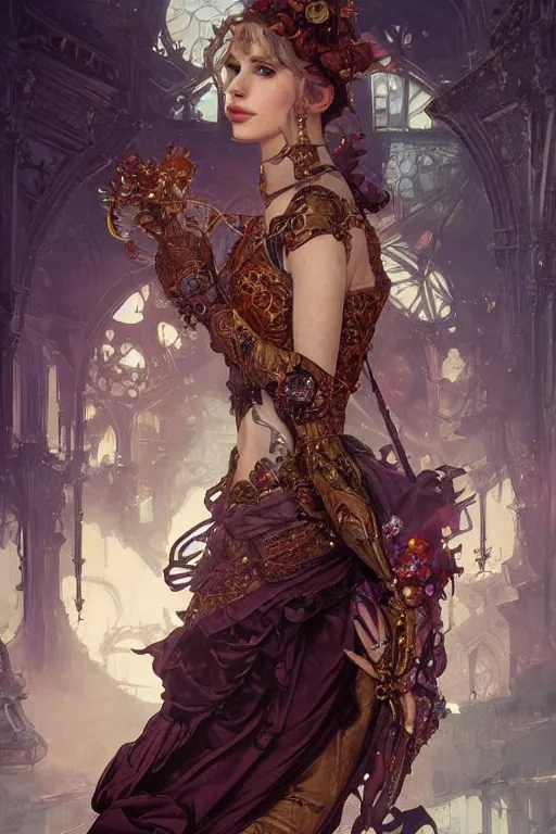 Image similar to emma roberts a baroque steampunk, augmented cyborg, half body, d & d, fantasy, intricate, elegant, highly detailed, colorful, vivid color, digital painting, artstation, concept art, art by artgerm and greg rutkowski and alphonse mucha and ruan jia