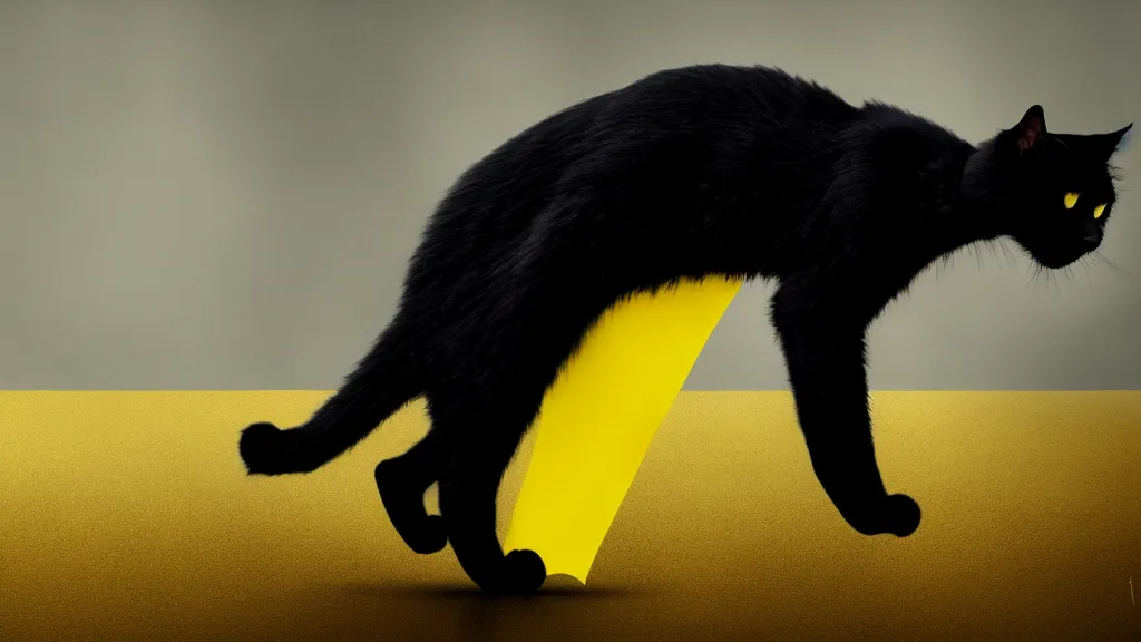 Prompt: a very detailed image of a big black cat wearing a yellow raincoat standing on his back feet in a style of sid mead, cinematic, wide lens, film still from the movie directed by denis villeneuve