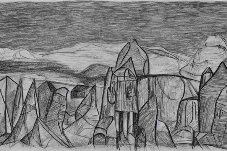 Image similar to abstract landscape pencil drawing art of meercat family towering over tiny xhosa villages. award winning abstract surrealism by william kentridge and escher.