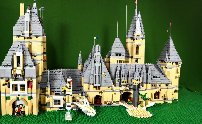 Prompt: a realistic detailed accurate Lego set of a medieval French castle on a forested green hill