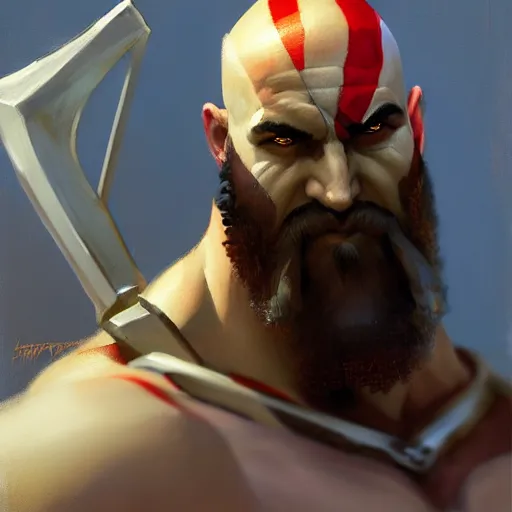 Image similar to Greg Manchess portrait painting of Kratos as Overwatch character, medium shot, asymmetrical, profile picture, Organic Painting, sunny day, Matte Painting, bold shapes, hard edges, street art, trending on artstation, by Huang Guangjian and Gil Elvgren and Sachin Teng