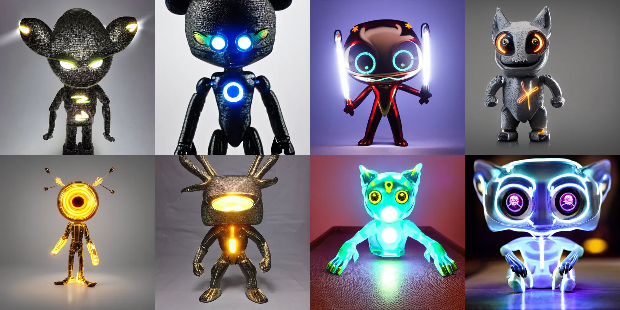 Prompt: a highly detailed vinyl figure with lighting bolts coming out of its eyes, electric eyes, sparking eyes, realistic lighting, realistic reflections