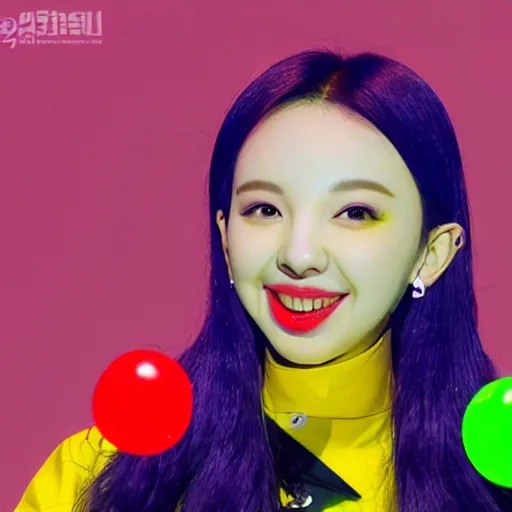 Image similar to a caricature of im nayeon of twice, colorful, bubbles, candy - coated, sugary sweet, yellow and blue