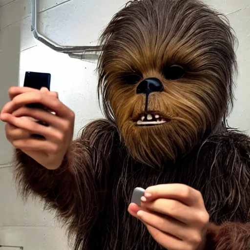 Prompt: teenage wookiee taking selfie for the gram