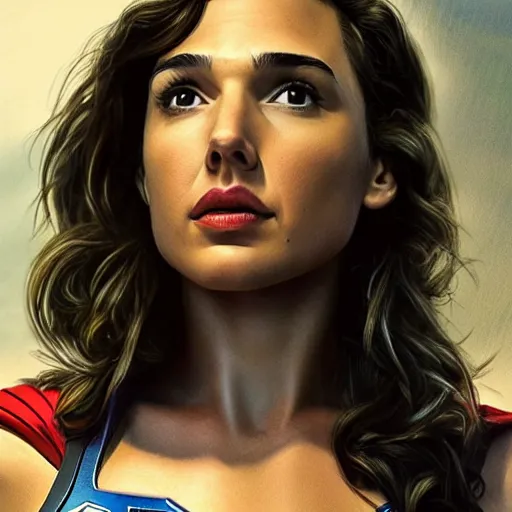 Image similar to an potrait of gal Gadot cast of movie man of steel and wearing a superman suit, photorealistic high detail, view from below, High Quality.