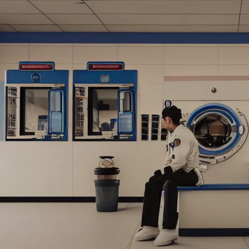 Image similar to a beautiful photo of an astronaut waiting in a laundromat, soft light, morning light, photorealistic, realistic, octane, 8k, cinematic shot