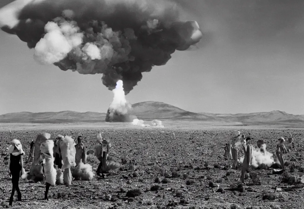 Image similar to fashion editorial in Nevada nuclear test site. gigantic mushroom cloud explision. 1956. highly detailed. depth of field. high definition. 8k. photography.