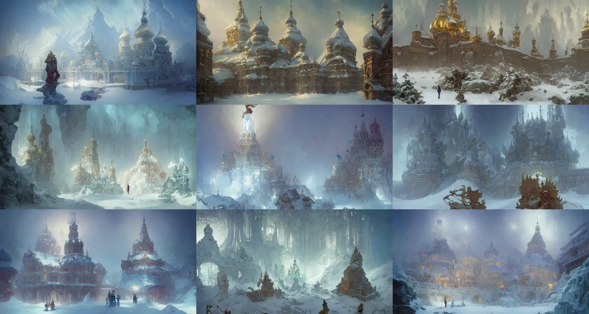 Prompt: ice palace, russian architecture, fantasy, art by joseph leyendecker, peter mohrbacher, ivan aivazovsky, ruan jia, reza afshar, marc simonetti, alphonse mucha